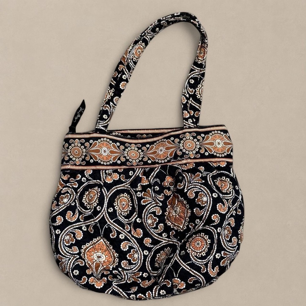 Vera Bradley quilted cotton tote bag black, brown, tan, and cream paisley print - Picture 3 of 5